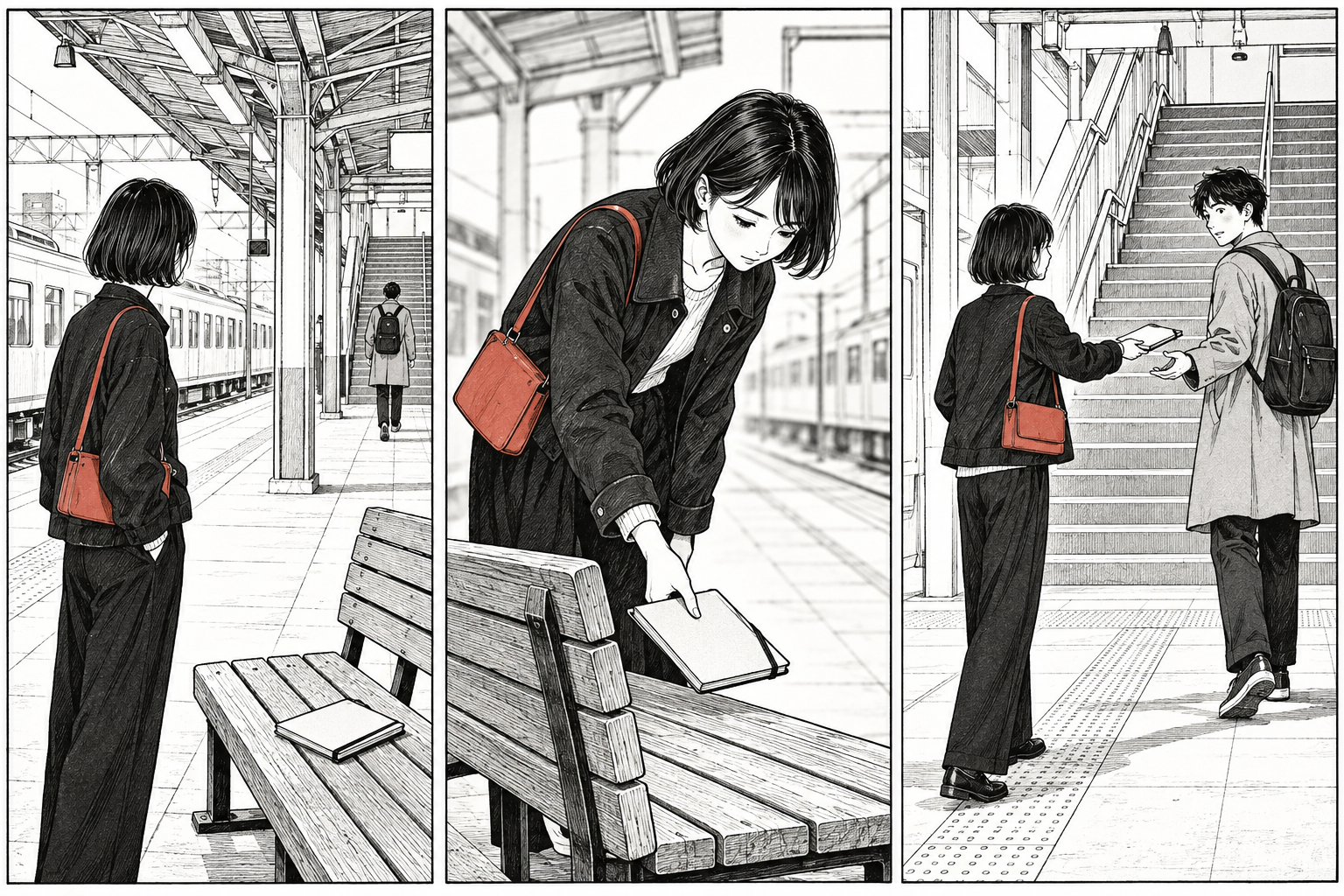Three illustrated panels: a woman notices a notebook on a station bench, picks it up, and returns it to its owner. Her short dark hair, jacket and red shoulder bag stay consistent.